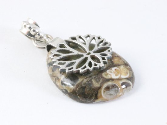 Zilveren hanger met lotus bloem op turitella agaat afbeelding 2