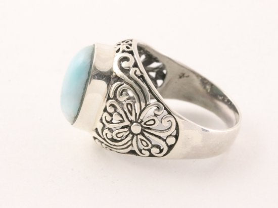 Opengewerkte zilveren ring met larimar afbeelding 2