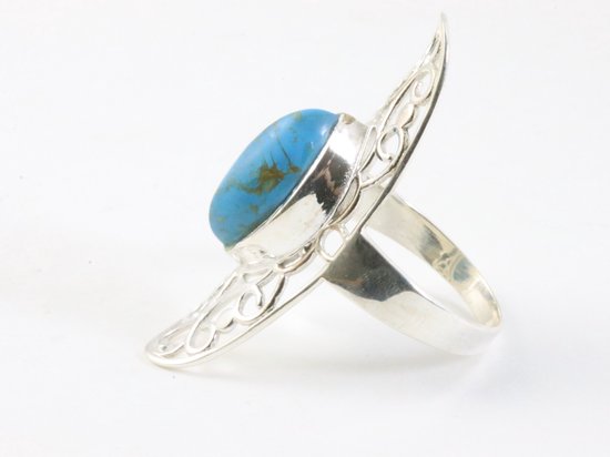 Langwerpige opengewerkte zilveren ring met blauwe turkoois afbeelding 2