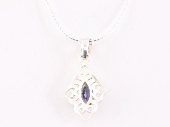Fijne opengewerkte zilveren hanger met ioliet aan ketting afbeelding 3
