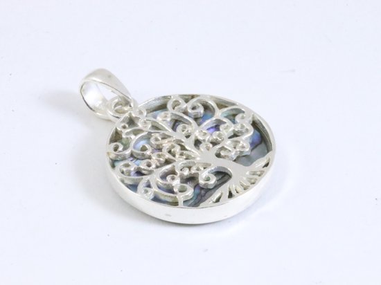 Fijne ronde zilveren hanger met levensboom op abalone schelp afbeelding 2