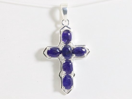 Zilveren kruishanger met blauwe saffier afbeelding 4
