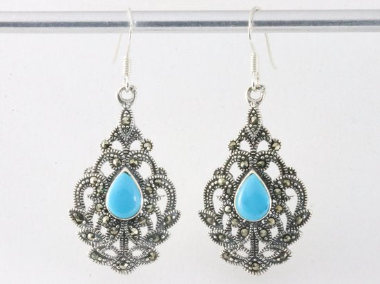 Zilveren oorbellen met blauwe turkoois en marcasiet afbeelding 4