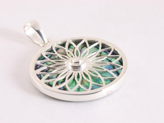 Ronde zilveren hanger met lotus bloem op abalone schelp afbeelding 2
