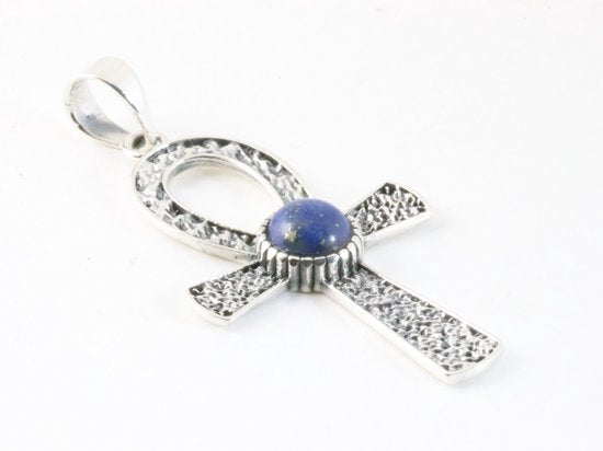 Bewerkte zilveren ankh hanger met lapis lazuli afbeelding 2
