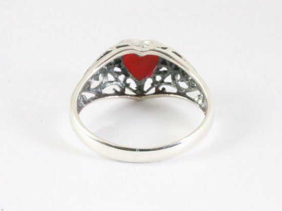 Opengewerkte zilveren ring met roze parelmoer hartje afbeelding 3