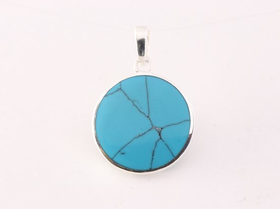 Fijne ronde zilveren hanger met levensboom op blauwe turkoois afbeelding 3