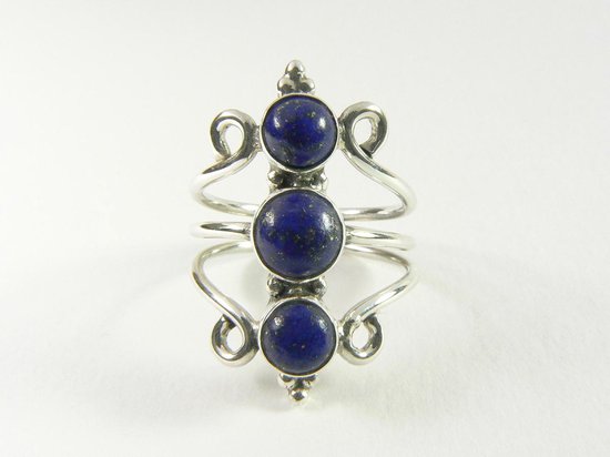 Opengewerkte zilveren ring met 3 lapis lazuli stenen afbeelding 2