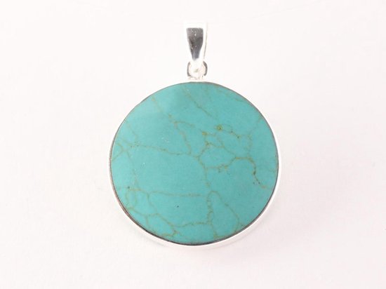 Ronde zilveren hanger met levensboom op groene turkoois afbeelding 3