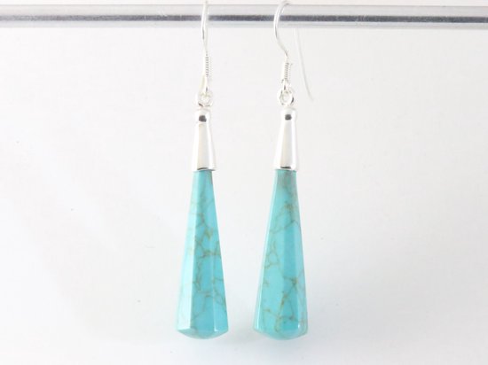 Lange zilveren oorbellen met pegels groene turkoois afbeelding 4