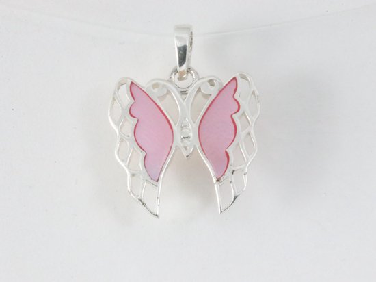 Fijne zilveren vlinder hanger met roze parelmoer afbeelding 4