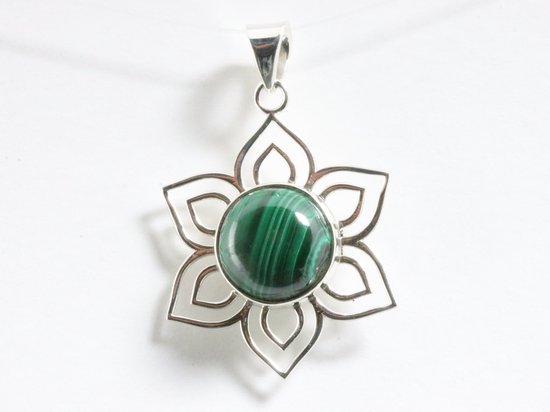 Opengewerkte bloemvormige zilveren hanger met malachiet afbeelding 4