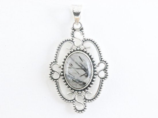 Opengewerkte zilveren hanger met zwarte rutielkwarts afbeelding 4