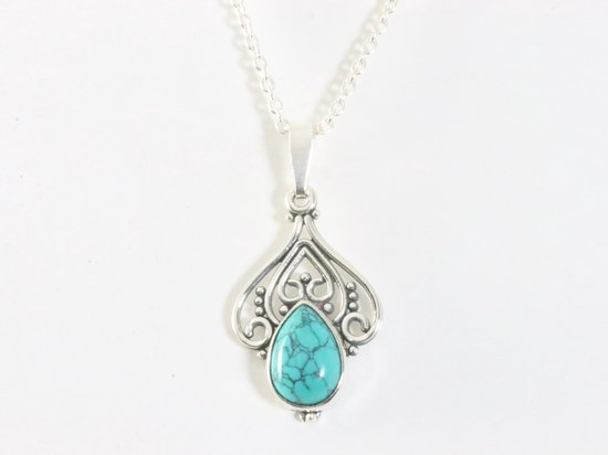 Fijne opengewerkte zilveren hanger met turkoois aan ketting afbeelding 4