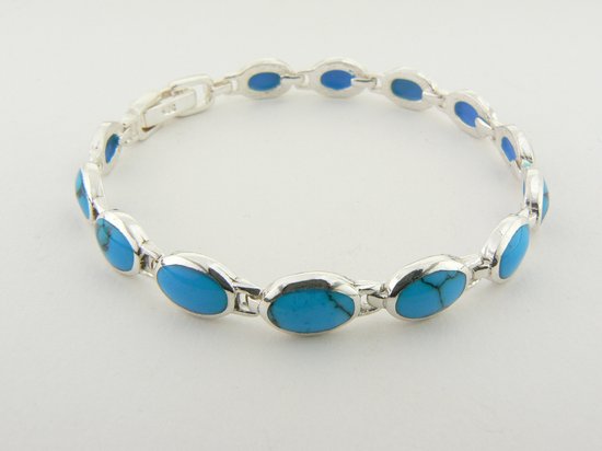 Zilveren schakelarmband met blauwe turkoois afbeelding 2