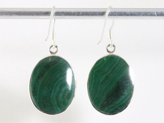 Ovale zilveren oorbellen met levensboom op malachiet afbeelding 3