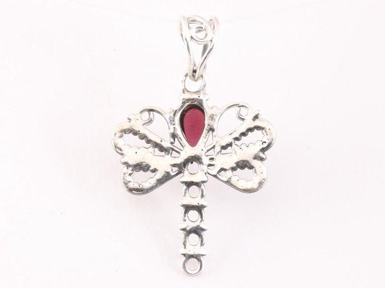 Opengewerkte zilveren libelle hanger met granaat afbeelding 3