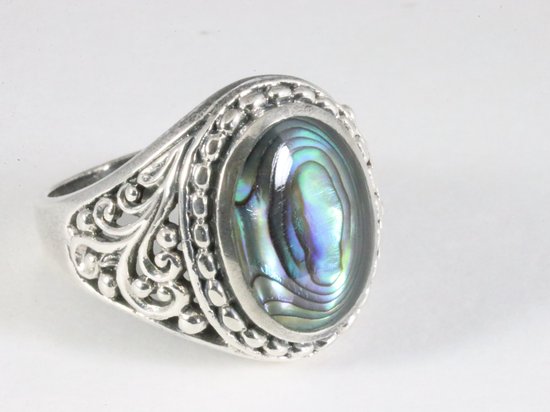 Zware bewerkte zilveren ring met abalone schelp afbeelding 1