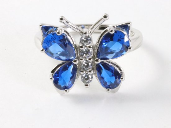 Hoogglans zilveren vlinder ring met blauwe saffier en witte topaas afbeelding 4