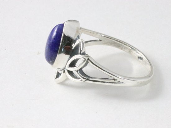 Opengewerkte zilveren lotus bloem ring met lapis lazuli afbeelding 2