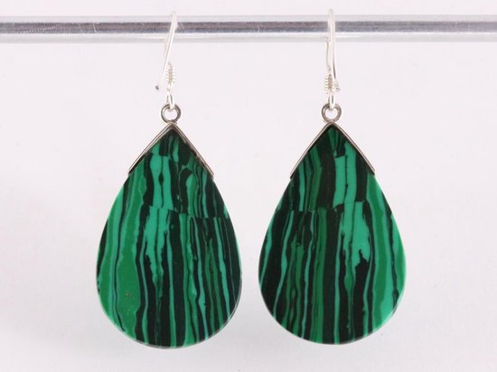 Grote druppelvormige zilveren oorbellen met malachiet afbeelding 3