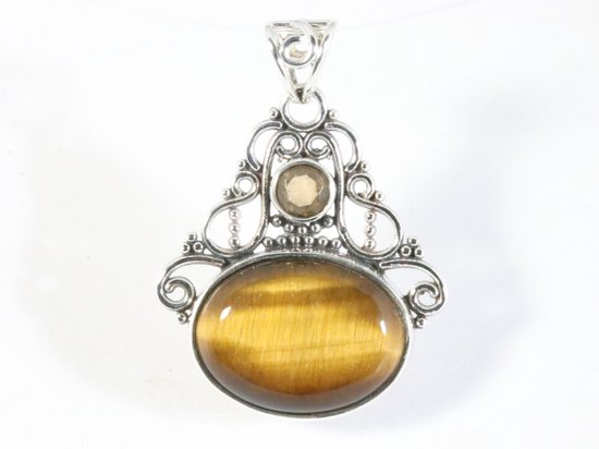 Opengewerkte zilveren hanger met tijgeroog en rookkwarts afbeelding 1