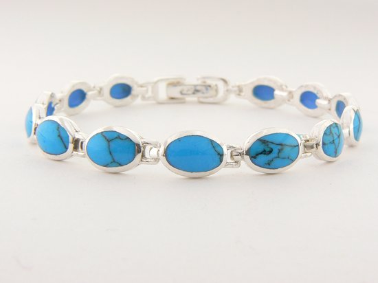 Zilveren schakelarmband met blauwe turkoois afbeelding 1