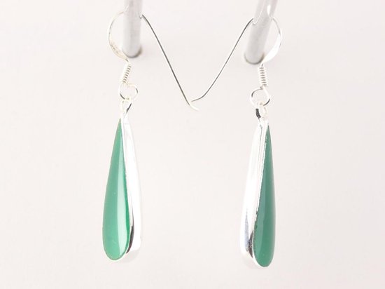 Lange druppelvormige zilveren oorbellen met groene agaat afbeelding 2