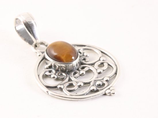 Ronde opgewerkte zilveren hanger met tijgeroog afbeelding 2