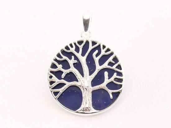 Ronde zilveren hanger met levensboom op lapis lazuli afbeelding 4