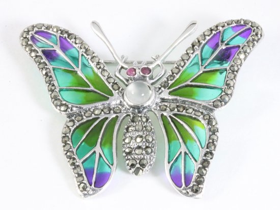 Grote zilveren vlinder broche met marcasiet, emaille, rozenkwarts en robijn afbeelding 1