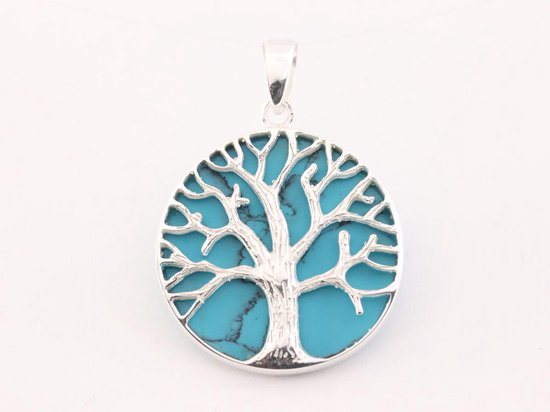 Ronde zilveren hanger met levensboom op blauwe turkoois afbeelding 4