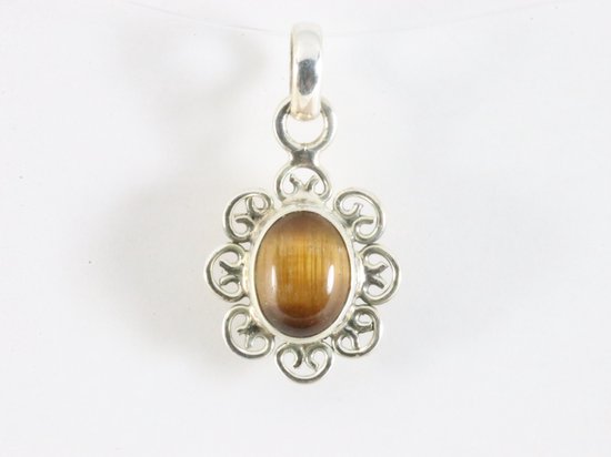 Fijne opengewerkte zilveren hanger met tijgeroog afbeelding 3
