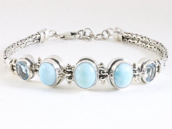 Traditionele zilveren armband met larimar, blauwe topaas en koningsschakels afbeelding 1