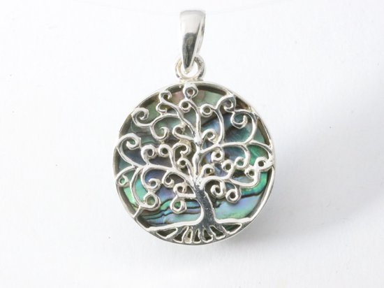 Fijne ronde zilveren hanger met levensboom op abalone schelp afbeelding 4