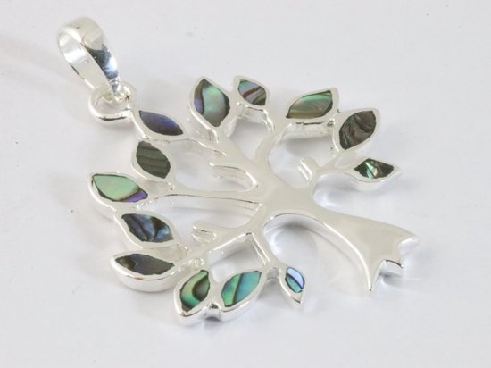 Grote zilveren levensboom hanger met abalone schelp afbeelding 2