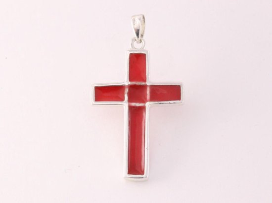 Zilveren kruishanger met rode koraal steen afbeelding 3