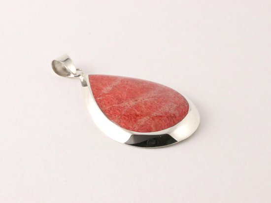 Grote druppelvormige zilveren hanger met rode koraal steen afbeelding 2