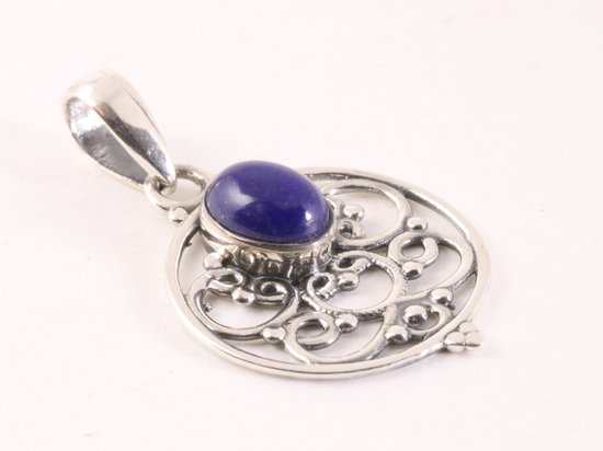 Ronde opengewerkte zilveren hanger met lapis lazuli afbeelding 2