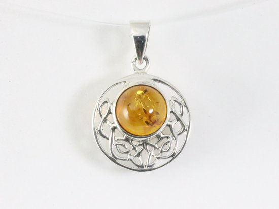 Fijne ronde opengewerkte zilveren hanger met amber afbeelding 4