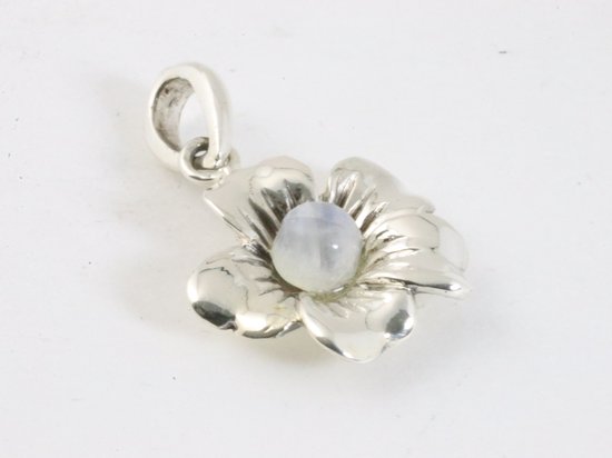 Fijne bloemvormige zilveren hanger met regenboog maansteen aan ketting afbeelding 2