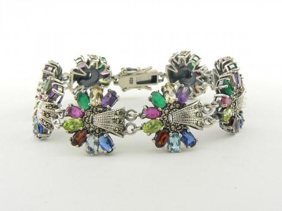 Zilveren bloemvormige tennisarmband met multi color edelstenen en marcasiet afbeelding 1