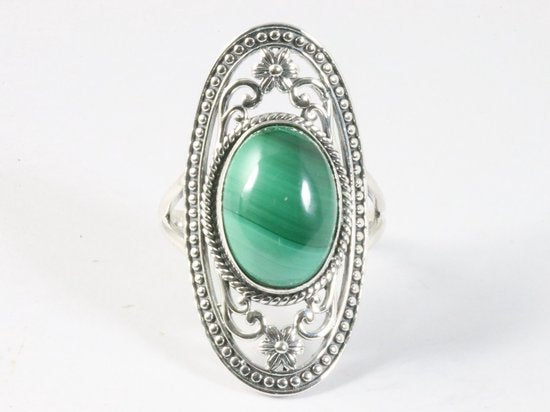 Langwerpige opengewerkte zilveren ring met malachiet afbeelding 4