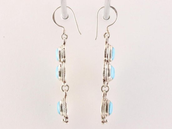 Traditionele lange bewerkte zilveren oorbellen met blauwe turkoois afbeelding 3