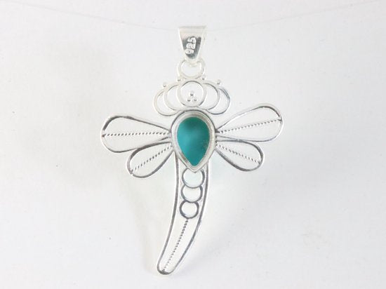 Opengewerkte zilveren libelle hanger met blauwe Arizona turkoois afbeelding 3