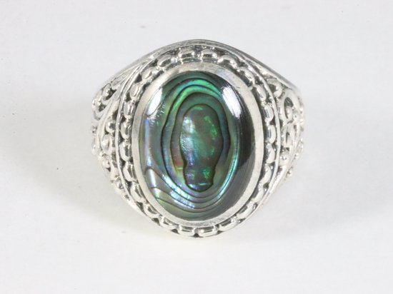 Zware bewerkte zilveren ring met abalone schelp afbeelding 4