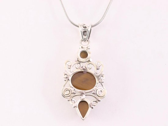 Opengewerkte zilveren hanger met tijgeroog aan ketting afbeelding 3