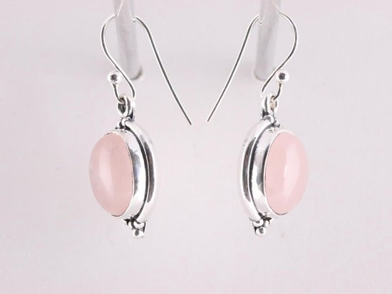 Bewerkte ovale zilveren oorbellen met rozenkwarts afbeelding 2