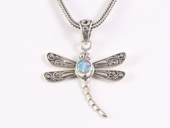 Zilveren libelle hanger met Australische opaal aan vossenstaart ketting afbeelding 4