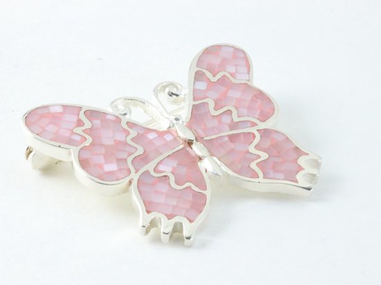 Zilveren vlinder broche met roze parelmoer afbeelding 2